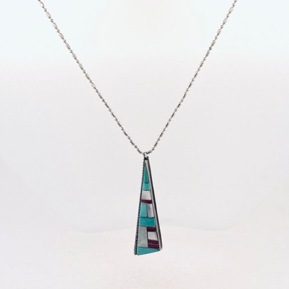 Vintage Sterling Silver 925 Inlay Pendant Necklace Turquoise MOP 20” Estate - Picture 1 of 12